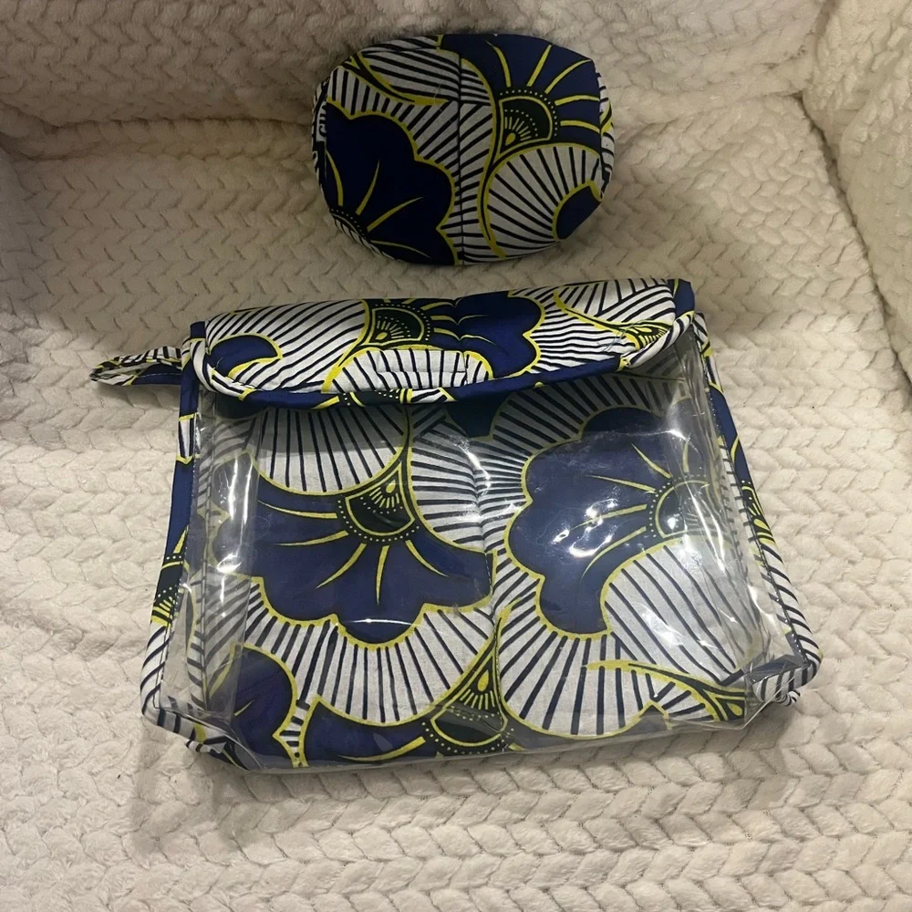 African Print Blue and Yellow Patterned Clear toiletry Bag. Has a smaller bag!